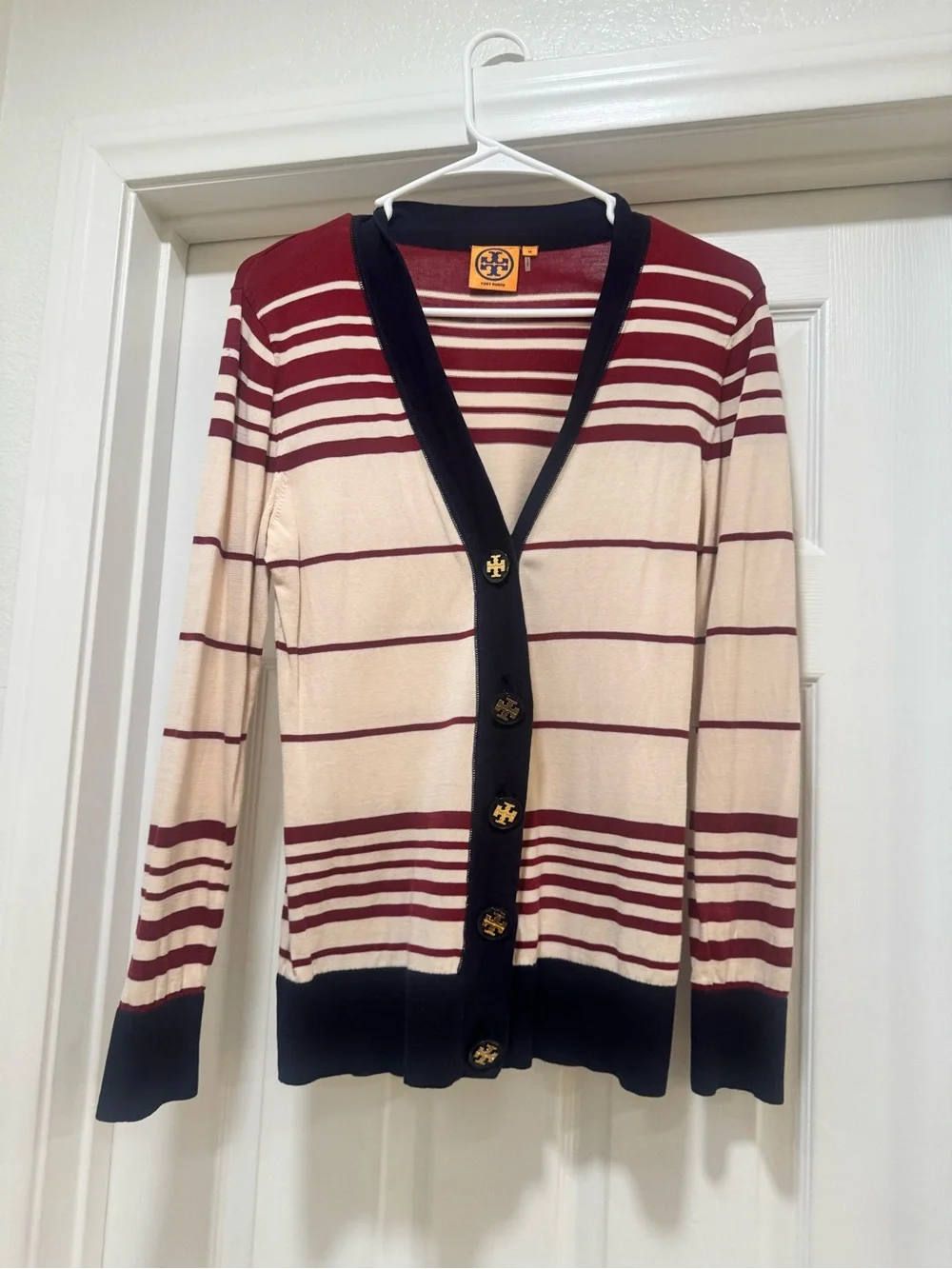 Tory Burch Maroon, Cream & blue Striped V-Neck Cardigan